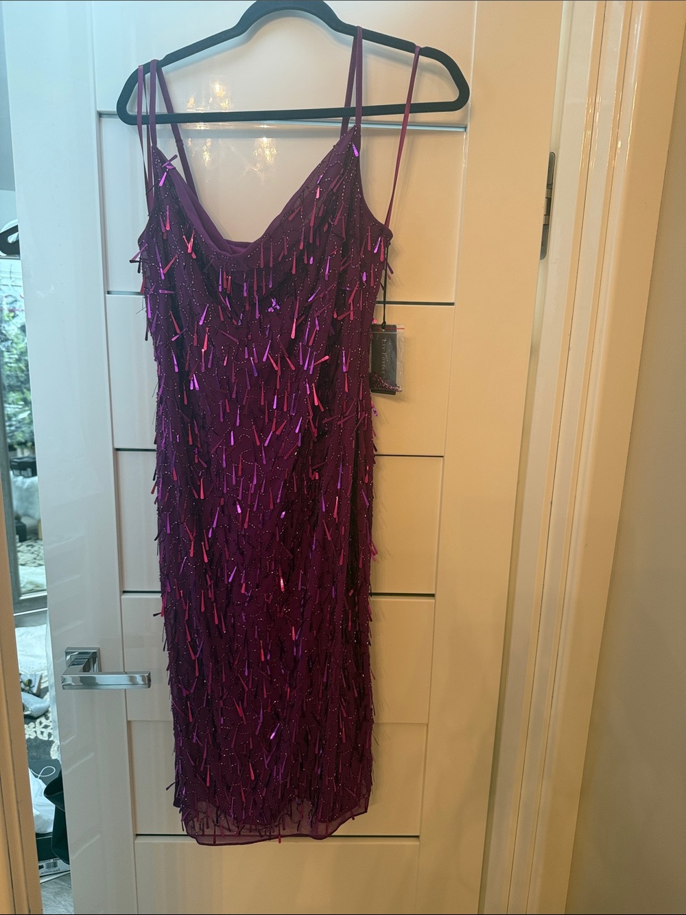Magenta Sequin Fringe Slip Midi Dress - Women's Evening Dress